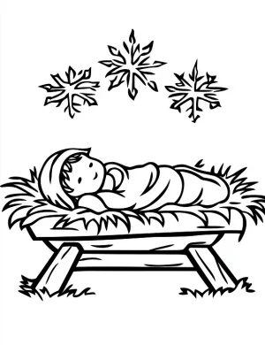 Sleeping Baby in Manger with Snowflakes Christmas Coloring Page by Mindset Flow