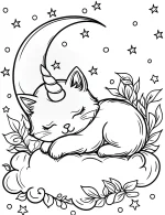 Sleeping Cat Unicorn on Cloud with Stars and Moon Coloring Page