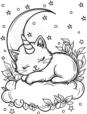 Sleeping Cat Unicorn on Cloud with Stars and Moon Coloring Page