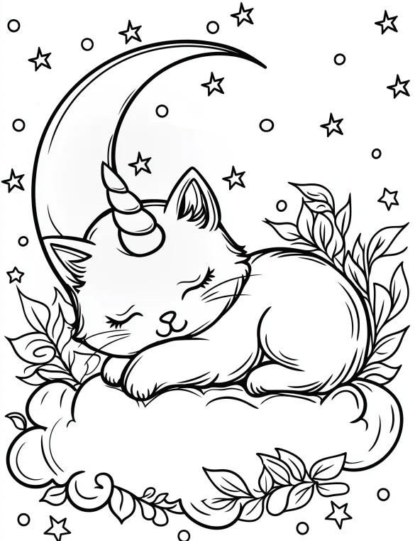 Sleeping Cat Unicorn on Cloud with Stars and Moon Coloring Page