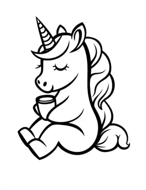 Sleeping Unicorn Holding a Cup Coloring Page