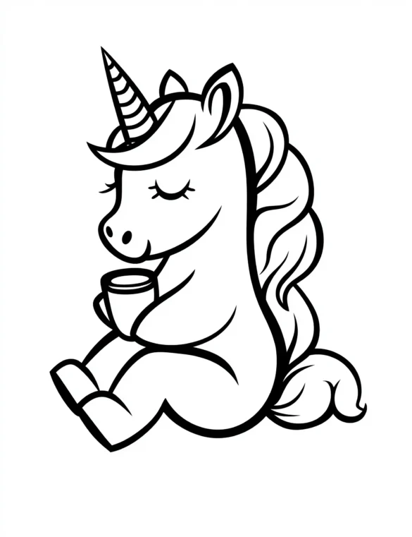 Sleeping Unicorn Holding a Cup Coloring Page