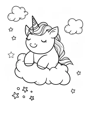 Sleeping Unicorn on Cloud with Stars Coloring Page