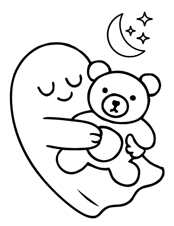 Sleepy Ghost Hugging Teddy Bear Halloween Coloring Page by Mindset Flow