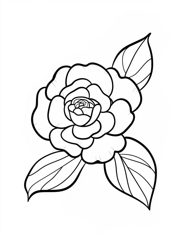 Small Rose Flower with Three Petals and Leaves Coloring Page