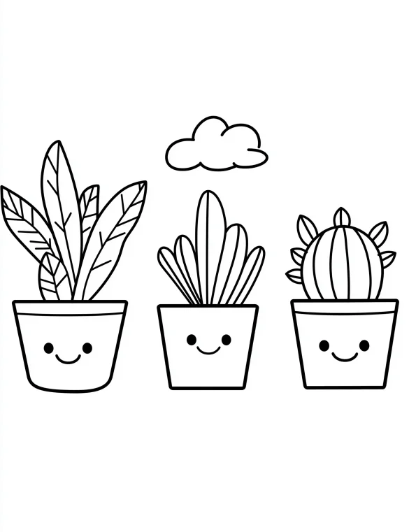 Smiling Adorable Potted Plants and Cloud Coloring Page