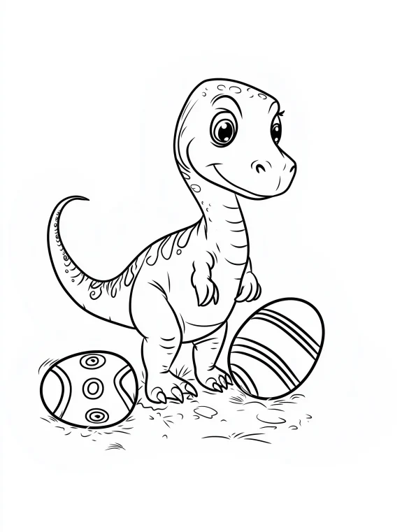 Smiling Baby Dinosaur with Patterned Eggs Coloring Page