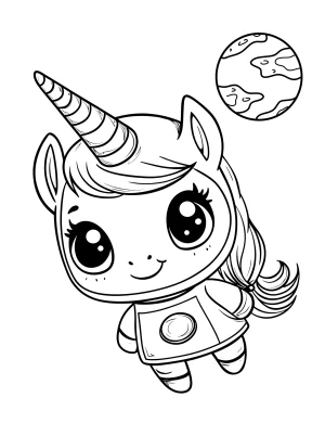 Smiling Baby Unicorn Astronaut Floating in Space with Planet Coloring Page