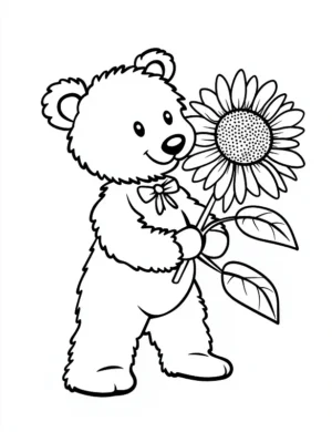 Smiling Bear Offering Sunflower Flower Coloring Page by Mindset Flow