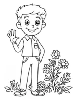 Smiling Boy Waving With Daisies Flower Coloring Page By Mindset Flow