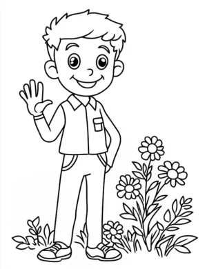 Smiling Boy Waving With Daisies Flower Coloring Page By Mindset Flow