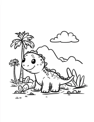 Smiling Dinosaur in Nature with Palm Trees and Mountains Coloring Page