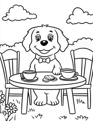 Smiling Dog with Bowtie at Tea Party Coloring Page by Mindset Flow
