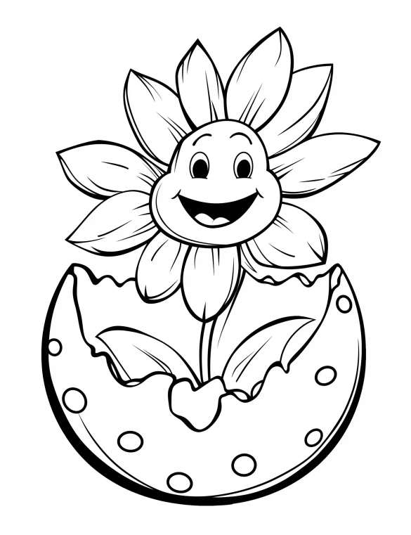 Smiling Flower Growing from Polka Dot Eggshell Coloring Page
