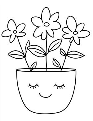 Smiling Flowerpot with Daisies Coloring Page