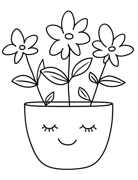 Smiling Flowerpot with Daisies Coloring Page