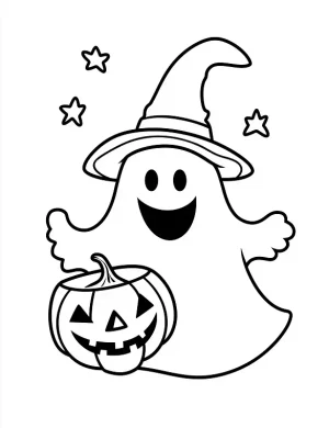 Smiling Ghost with Pumpkin and Stars Halloween Coloring Page by Mindset Flow