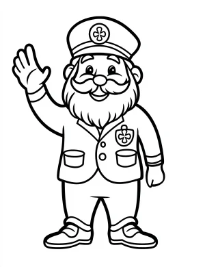 Smiling Leprechaun in Uniform Waving Coloring Page