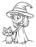 Smiling Little Witch With Pet Cat Halloween Coloring Page by Mindset Flow
