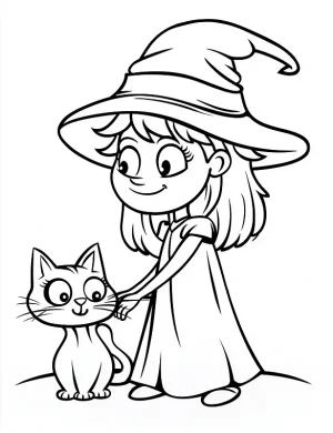 Smiling Little Witch With Pet Cat Halloween Coloring Page by Mindset Flow