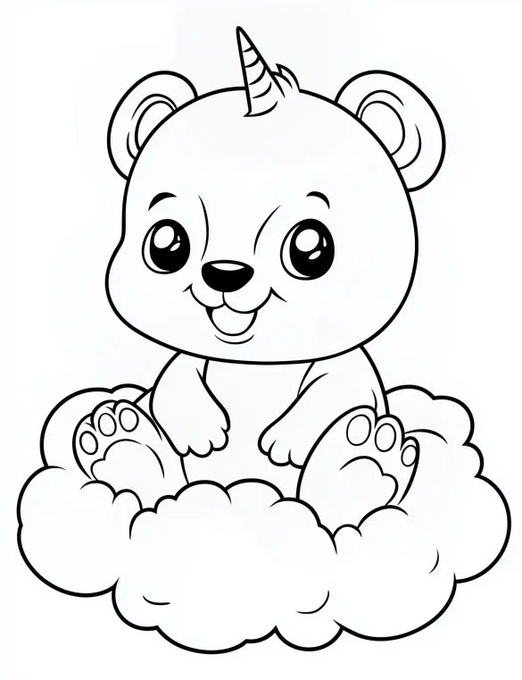 Smiling Panda Unicorn Floating on Cloud Coloring Page