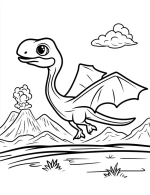 Smiling Pterodactyl Flying Over Volcano Coloring Page