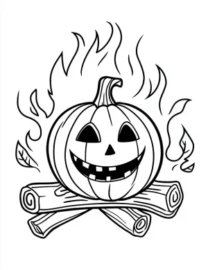 Smiling Pumpkin with Flames and Logs Halloween Coloring Page by Mindset Flow