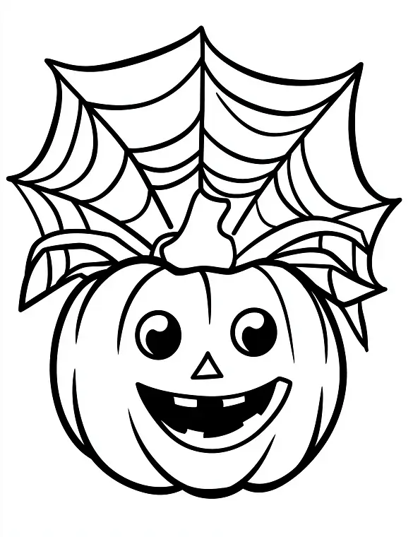 Smiling Pumpkin with Spider Web Coloring Halloween Page by Mindset Flow