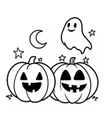 Smiling Pumpkins and Ghost Under Moon Halloween Coloring Page By Mindset Flow