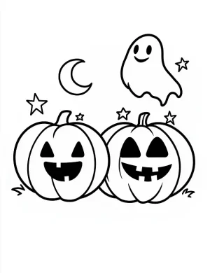 Smiling Pumpkins and Ghost Under Moon Halloween Coloring Page By Mindset Flow