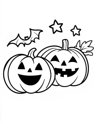 Smiling Pumpkins with Bat Halloween Coloring Page By Mindset Flow