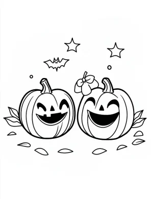 Smiling Pumpkins with Stars and Bats Halloween Coloring Page By Mindset Flow