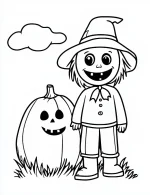 Smiling Scarecrow with Jack-o-Lantern Halloween Coloring Page by Mindset Flow