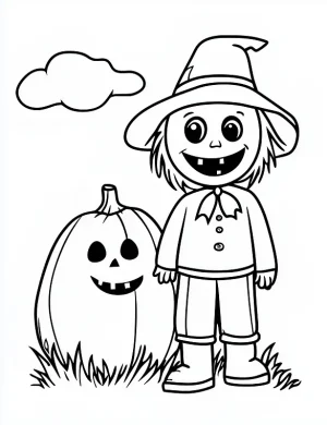 Smiling Scarecrow with Jack-o-Lantern Halloween Coloring Page by Mindset Flow