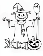 Smiling Scarecrow with Pumpkin and Ghost Halloween Coloring Page by Mindset Flow