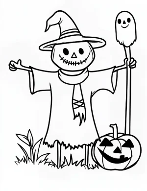 Smiling Scarecrow with Pumpkin and Ghost Halloween Coloring Page by Mindset Flow