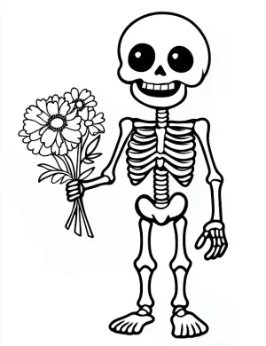 Smiling Skeleton Holding Flowers Halloween Coloring Page by Mindset Flow