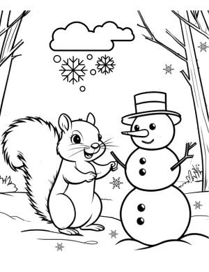 Smiling Squirrel and Snowman Coloring Page By Mindset Flow