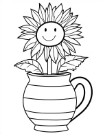 Smiling Sunflower in Jug-Like Pot Coloring Page
