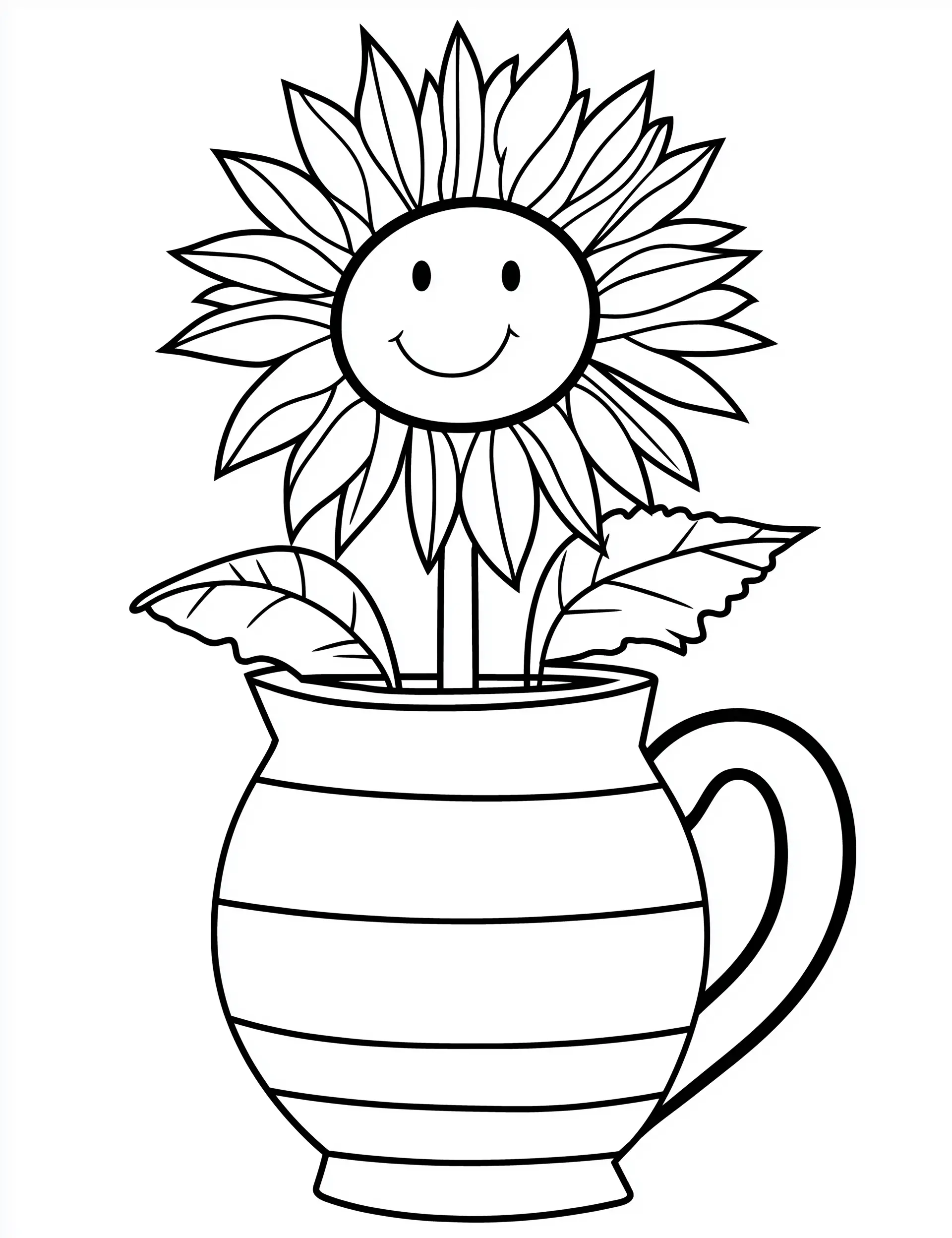 Smiling Sunflower in Jug-Like Pot Coloring Page