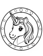 Smiling Unicorn Portrait in Decorative Circle Frame Coloring Page