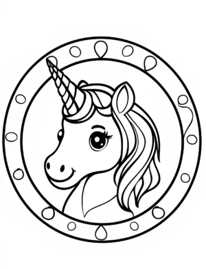 Smiling Unicorn Portrait in Decorative Circle Frame Coloring Page