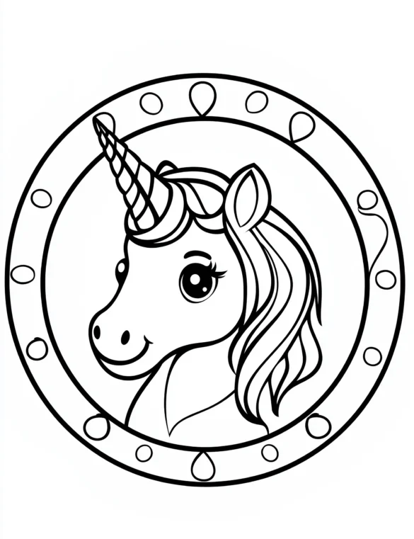 Smiling Unicorn Portrait in Decorative Circle Frame Coloring Page