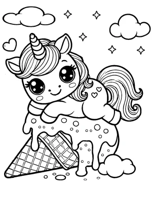 Smiling Unicorn Sitting on Melting Ice Cream Cone Coloring Page