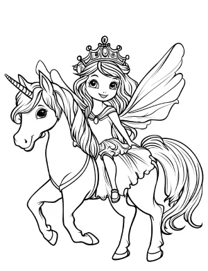 Smiling Unicorn and Fairy Princess with Beautiful Crown Coloring Page