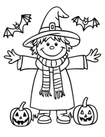 Smiling Witch with Bats and Pumpkins Halloween Coloring Page by Mindset Flow