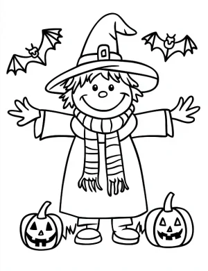 Smiling Witch with Bats and Pumpkins Halloween Coloring Page by Mindset Flow