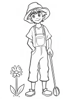 Smiling Young Boy in Overalls Holding Garden Tool with Flower Adult Coloring Page
