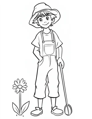 Smiling Young Boy in Overalls Holding Garden Tool with Flower Adult Coloring Page