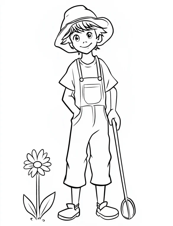 Smiling Young Boy in Overalls Holding Garden Tool with Flower Adult Coloring Page